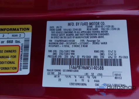 2021 Ford Mustang Ecoboost Fastback z USA, uszkodzony, nr VIN 1FA6P8TH6M5140588